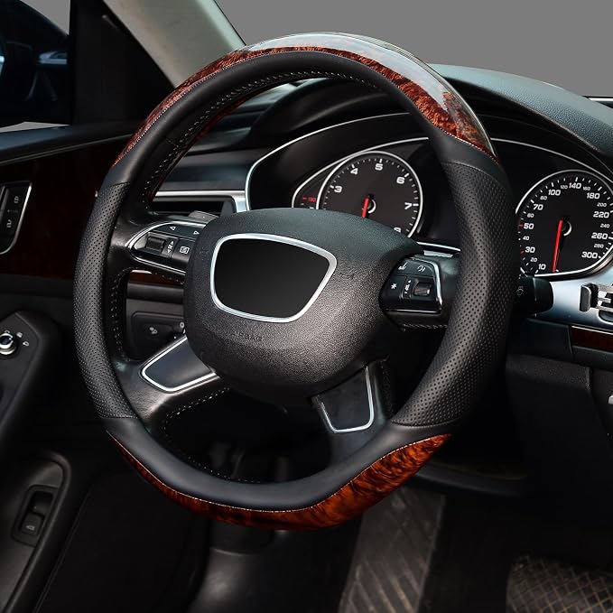 D Shaped Steering Wheel Cover, Luxury Wood Grain with Sporty Perforated Leather, Flat Bottom Steering Wheel Protector, Universal 14.5-15 Inch, Anti-Slip Comfort Grip, Black