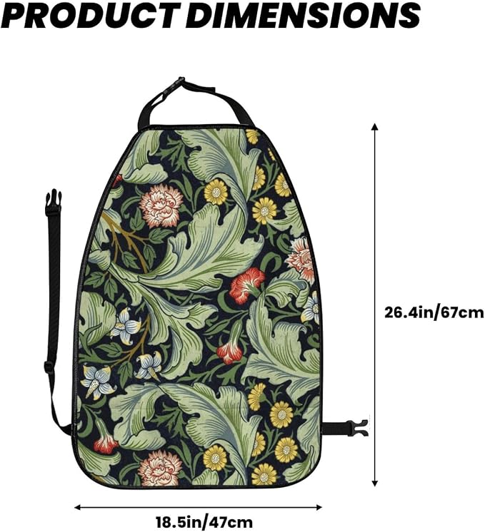 William Morris Green Floral Car Seat Back Kick Protectors Kick Mats With Storage Pockets For Vehicles To Protect From Dirt Mud Scratches 2 Pack