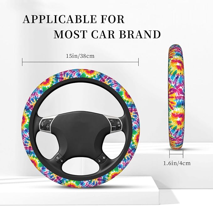 Tie Dye Neoprene Steering Wheel Cover for Men Women Anti-Slip Elastic Colorful Steering Wheel Protective Cover 15in Universal Car Accessories Fit Cars, SUVs, Auto