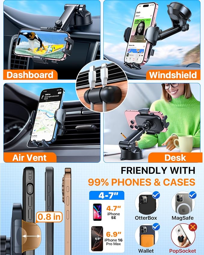HTU 2026 Ultimate Best【True Military-Grade & Safety Cert】Car Phone Holder【Upgraded 360 Rotation & 100+LBS Strongest Suction】5-in-1 Truck Windshield Dashboard Vent Mount Stand for iPhone Android, Green