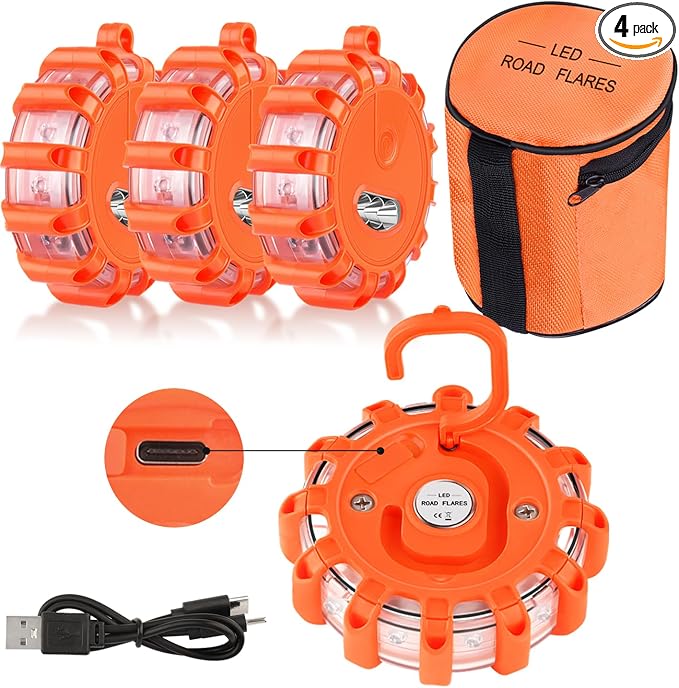USB C Rechargeable LED Road Flares Emergency Lights Roadside Warning Car Traffic Safety Beacon Flashing Disc Flare Kit Strobe with Magnetic Base for Construction Vehicles Truck Boat, 4 Pack