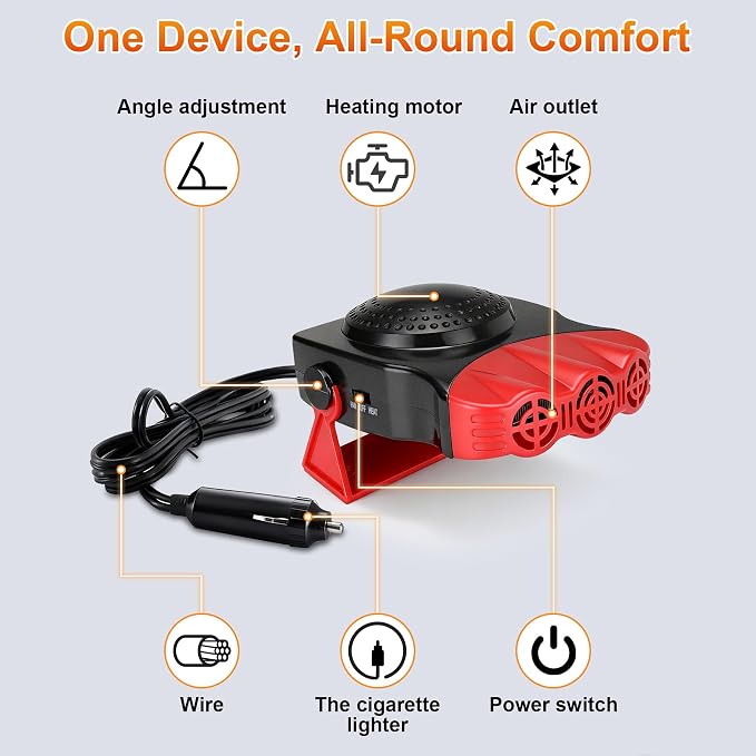 Portable Car Heater - Car Defroster for Vehicle, 150W Automotive Heater Fan with 180° Swivel Bracket, 3 Outlets for Wide Heat Distribution, for All 12V Vehicles (Red)