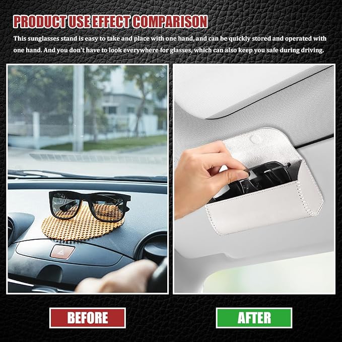 Sunglasses Holder for Car Sun Visor, Leather Auto Eyeglasses Storage Case with Hidden Magnetic Closure, Universal Protective Glasses Organizer Box, Visor Accessories for Woman Man (White)