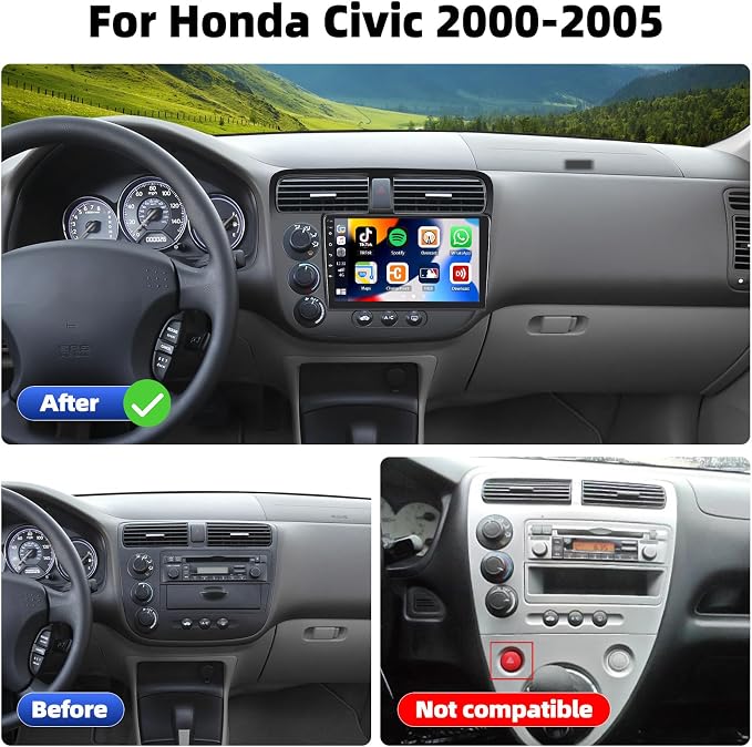 [8 Core 4G+64G] Car Stereo Radio for Honda Civic 2001-2005, 9” IPS 1280 * 720 Touchscreen Unit with Wireless Carplay Android Auto,Bluetooth-5.0 Mirror Link GPS WiFi 59-UI,32-EQ DSP SWC Rear Camera