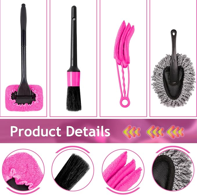 Pink Car Duster Interior Kit, Perfect Car Detailing Brush Kit for Cleaning Windows,Windshield,Dashboard and Air Vents Suitable for All Cars