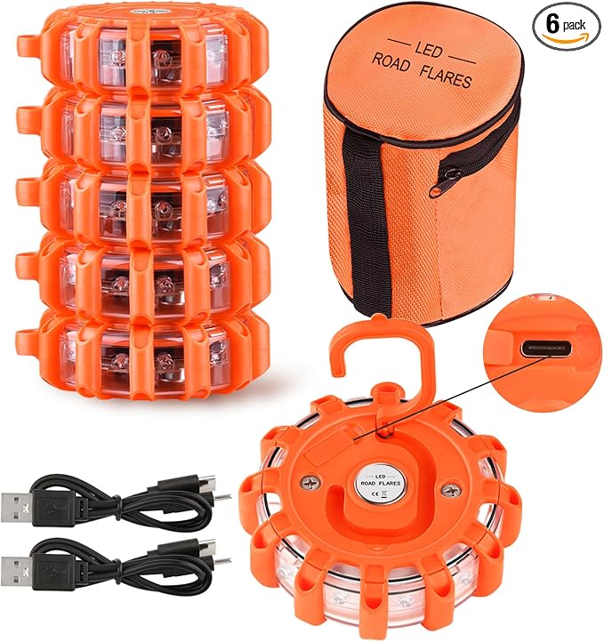 USB C Rechargeable LED Road Flares Emergency Lights Roadside Warning Car Traffic Safety Beacon Flashing Disc Flare Kit Strobe with Magnetic Base for Construction Vehicles Truck Boat, 6 Pack