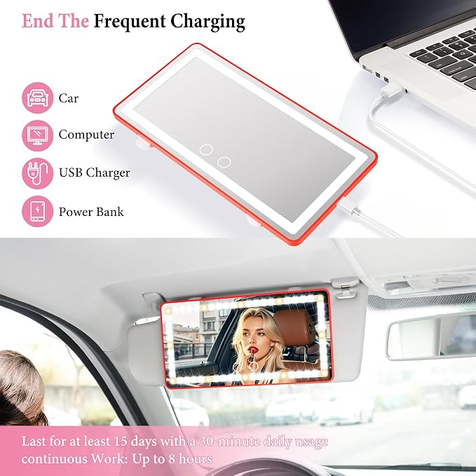 Car Sun Visor Vanity Mirror - Rechargeable Makeup Mirror with 60 LEDs, 3 Light Modes & Dimmable Touch Control for Cars, Trucks, SUVs, Car Interior Accessories for Women (Red)