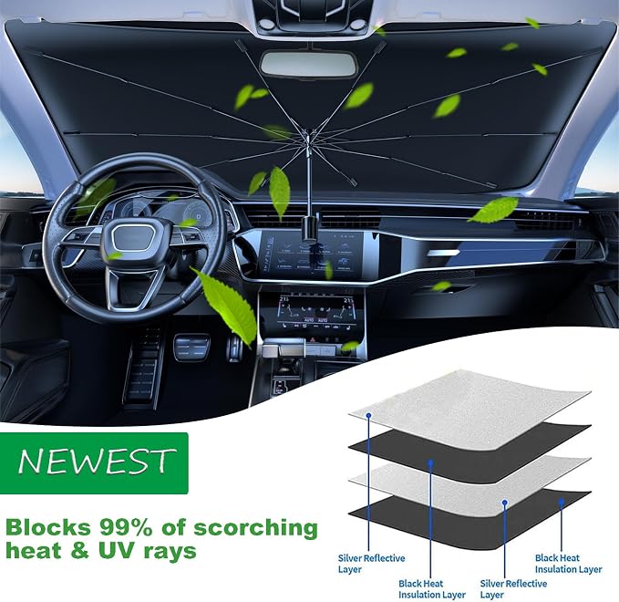 Windshield Sun Shade Umbrella for Car Front Window Sun Visor for Windshield Car Summer Accessories Protect Interior from UV Rays & Heat for Sedan, Compact SUV, Hatchbacks 57"*31" （Cherry）