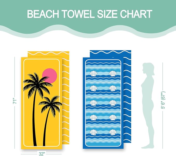 2 Pack Microfiber Beach Towel, Quick Dry Travel Towel Large Sand Free Towel for Beach, Camping, Swim Pool, Gym, Sports& Yoga 71"x32", Golden Coast/Azure Tide Set