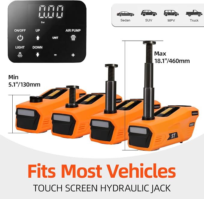Electric Car Jack 5 Ton 12V Hydraulic Jack Kit with Impact Wrench & Tire Inflator Pump, Wireless Remote & Touch Screen, 3-Mode LED for SUV MPV Sedan Truck – Garage, Roadside, Tire Change