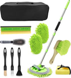 62" Car Wash Brush with Long Handle, Car Wash Kit Include Microfiber Cleaning Mop, Wheel Brush, Windshield Window Squeegee, Towel, Detail Brush, Storage Bag, for Cleaning Cars, RV, Truck, Boat