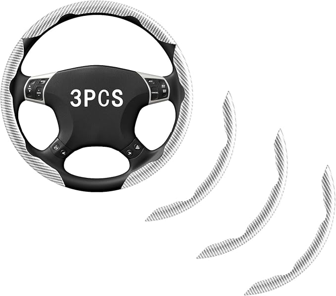 Steering Wheel Covers, 3PCs Carbon Fiber Anti-Skid Clip on Car Steering Wheel Cover Protector Universal for Most Car, White