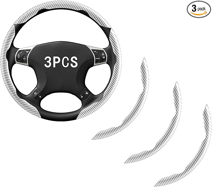 Steering Wheel Covers, 3PCs Carbon Fiber Anti-Skid Clip on Car Steering Wheel Cover Protector Universal for Most Car, White