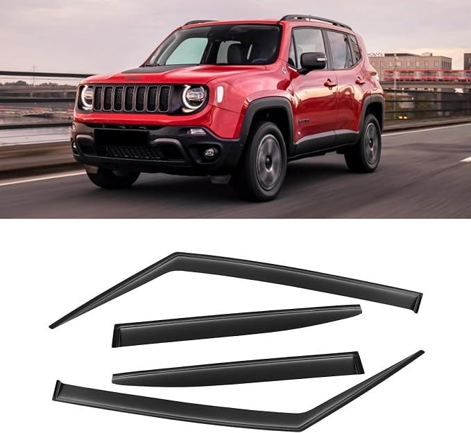 Window Visors for Jeep Renegade 2015-2024, Rain Guards Shields Vent Deflector Shade Dark Smoke 2016 2017 2018 2019 2020 2021 2022, Tape-On, 4PCS