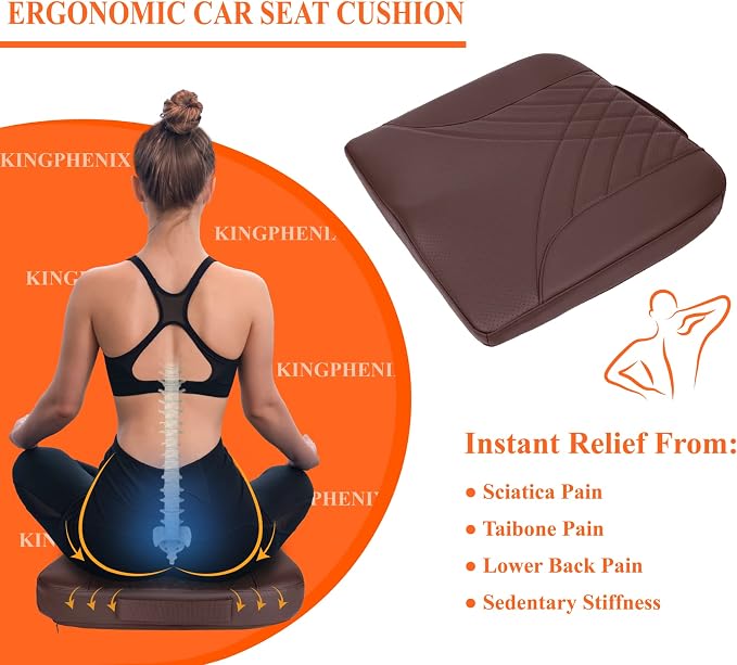 Premium Car Seat Cushion, Memory Foam Driver Seat Cushion to Improve Driving View- Coccyx & Lower Back Pain Relief - Seat Cushion for Car, Truck, Office Chair (Leather Brown)