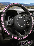 Christian I Love Jesus Pink Steering Wheel Cover for Women & Girls with 2 Pack Car Coasters, Pink Car Accessories, Christian Gifts for Women, Universal 15" Fit for Cars, SUVs, Trucks
