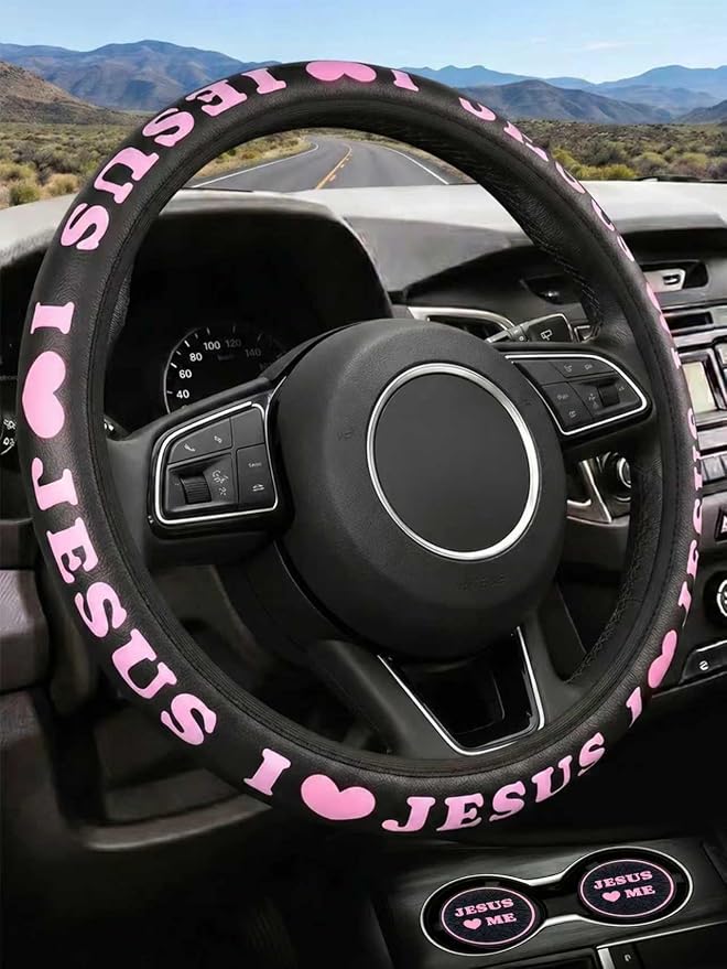 Christian I Love Jesus Pink Steering Wheel Cover for Women & Girls with 2 Pack Car Coasters, Pink Car Accessories, Christian Gifts for Women, Universal 15" Fit for Cars, SUVs, Trucks