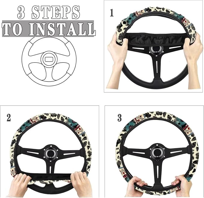 Aztec Cow Print Beige Auto Steering Wheel Cover Universal 15 Inch Diameter Anti-Slip Neoprene Car Steering Wheel Protector for Women Men