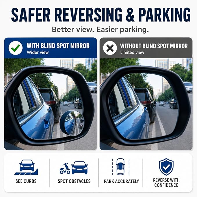 Frameless Car Blind Spot Mirror 2 Pack - Premium Convex HD Glass Round Side Blind Spot Mirrors with Wide Angle View, Eliminate Blind Zones & Parking Assistance for Safe Driving