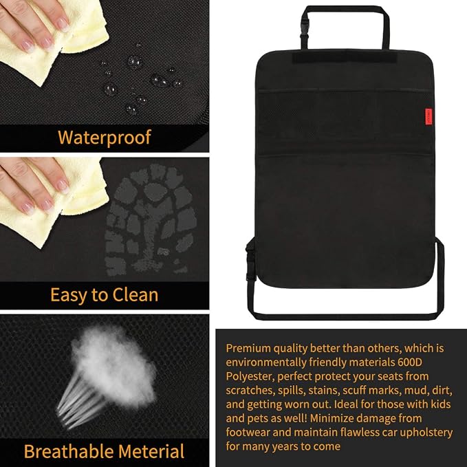 Car Backseat Organizer Premium Quality Car Kick Mats with 10" Tablet Holder - Extra Large Pocket- Sturdy Top 2Pack