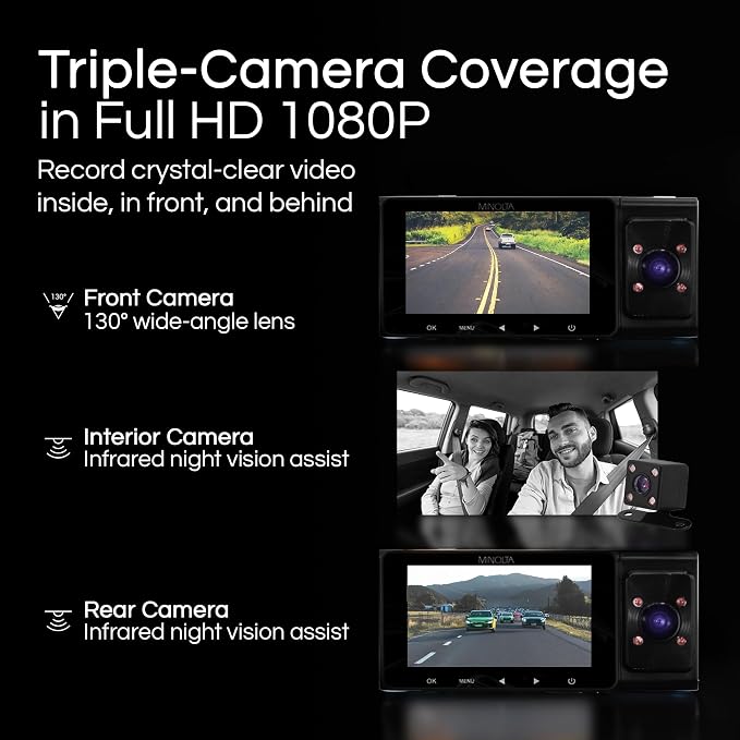 Dash Camera – 3-Channel 1080P Car DVR with Rear & Interior Cam, Night Vision, 3.0” LCD Screen, G-Sensor, Loop Recording, Parking Monitor, Motion Detection, 32GB Card (Blue)