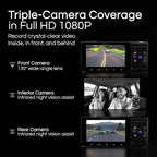 Dash Camera – 3-Channel 1080P Car DVR with Rear & Interior Cam, Night Vision, 3.0” LCD Screen, G-Sensor, Loop Recording, Parking Monitor, Motion Detection, 32GB Card (Black)