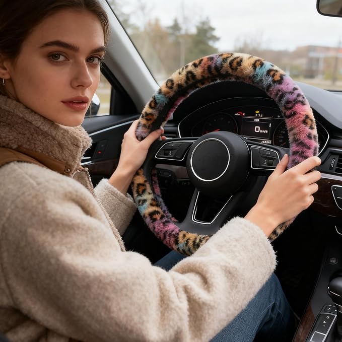 Cheetah Leopard Print Fuzzy Steering Wheel Cover for Women, Universal Auto Steering Wheel 14-15 Inch Soft Warm Car Interior Accessories with 2PCS Car Coasters, Suitable for Men and Women