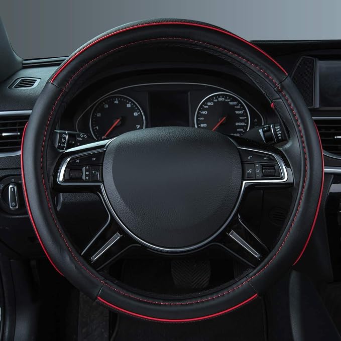 Colour Piping Leather Steering Wheel Cover,Perfectly fit for 14.5-15 inches for Various Vehicles SUVs,Vans,Sedans,Cars (Black & Red)