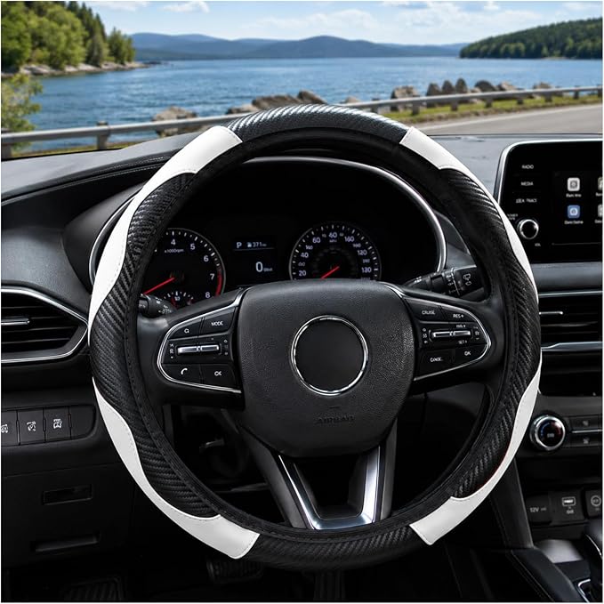 Car Steering Wheel Cover 15 inch, Microfiber PU Leather Elastic Steering Wheel Protector, Anti-Slip Breathable Car Interior Accessories for Most Cars (White)