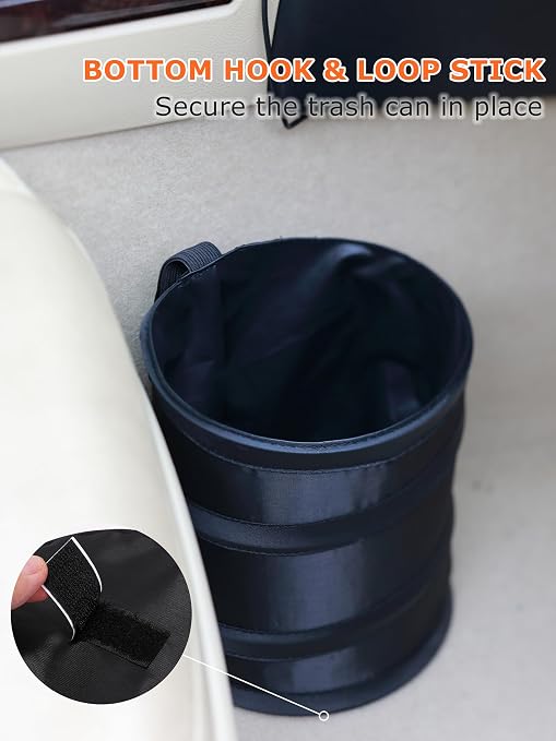 New Leakproof Car Trash Can, 1 Gallon Mini Trash Can Pop-up Collapsible Hanging Car Trash Bin with Hook and Loop, Waterproof PEVA Liner Open-Top Garbage Can for Cars Home Office