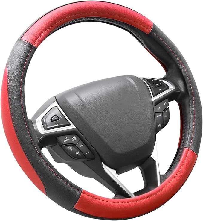 Car Steering Wheel Cover for F-150 Tundra Range Rover 15.5-16 inch, Black and Red Microfiber Leather
