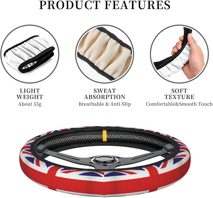 Elastic UK Flag Car Steering Wheel Cover Protector Upgrade Thicken,United Kingdom Union Jack Red,Stretchy Soft Car Accessories Interior Decor for Diverse Cars Truck SUV Men Women Universal 15 Inch