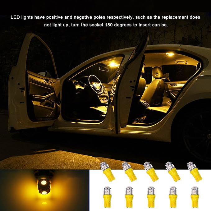 10 PCS Car Interior LED Light Bulb, T10 5050 5SMD LED Car Bulb Kit, Super Bright Automotive Led Replacement Bulbs for Dashboard Dome Map Door Courtesy License Plate Lights (Yellow)