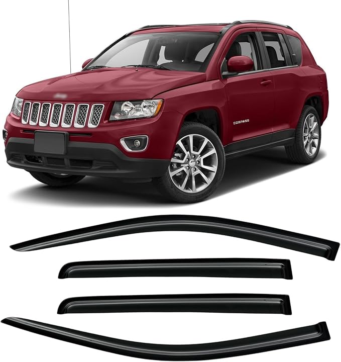 Window Visor for 2007-2016 Jeep Compass, Out-Channel Rain Guards Shields Vent Deflector Shade Wind Dark Smoke 2008 2009 2010 2011 2012 2013, Tape-On Outside-Mount, 4PCS