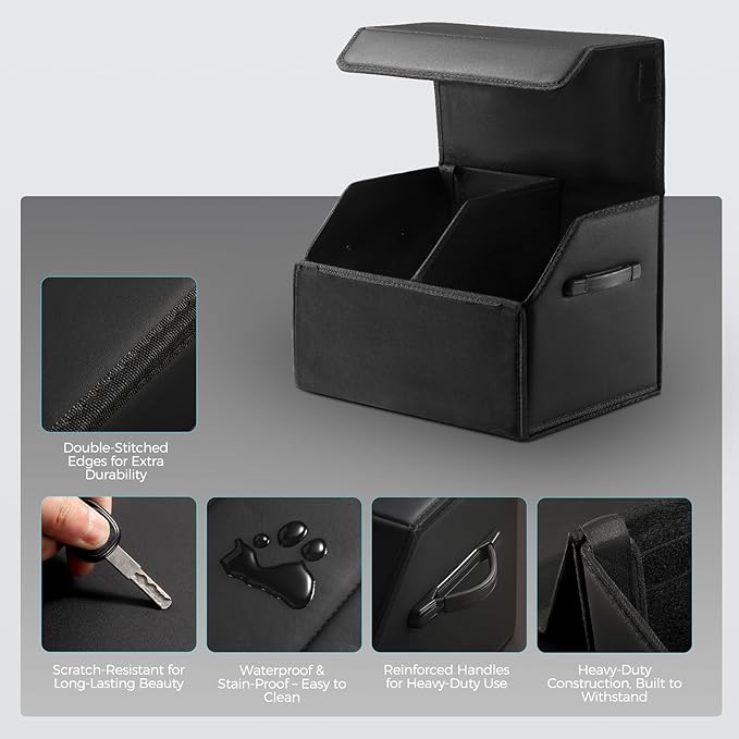Car Trunk Organizer for SUV and Sedan, Black, 16.5 inches | Leather Storage Box, Magnetic Lid, Collapsible and Adjustable, Water‑Resistant & Dust‑Proof