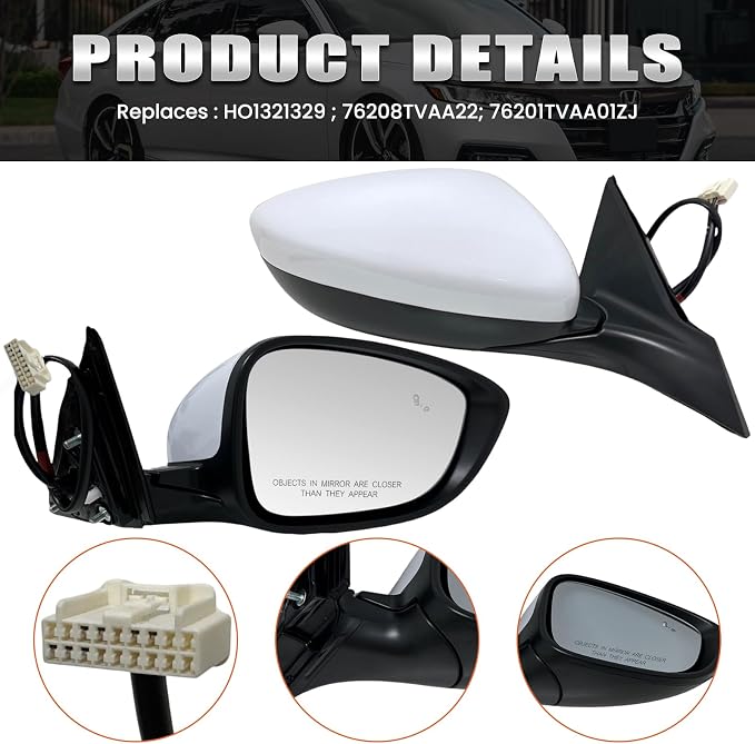 Right Passenger Side Mirror Compatible with 2018-2022 Honda Accord LX Sport Power Glass | Heated | with Blind Spot | Manual Folding Repalces HO1321329 (7Pins-Pearl White)