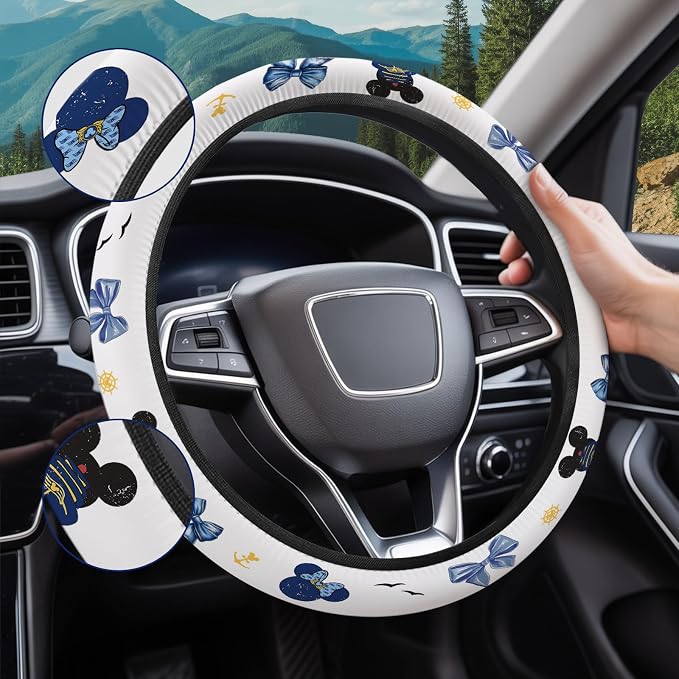 Blue Bow Mouse Silhouette Steering Wheel Cover, Non-Slip Polyester Wheel Grip, Universal 15 Inch Car Accessory