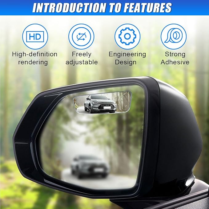 2PCS Rectangle Blind Spot Mirror for Car, Frameless Adjustable Wide Angle Mirror, Universal Side Rear View Mirrors, Stick-on Design, HD Glass Convex Mirrors for Cars, Trucks, SUVs (049/Frameless)