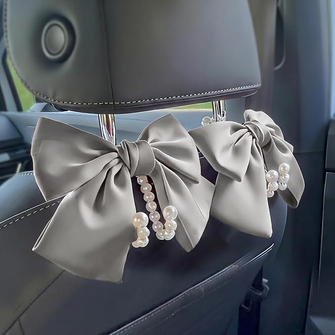 2 PCS Bow Pearl Car Seat Headrest Hook – Cute Purse Hook for Car, Girly Interior Decoration Accessories Hook Hanger, Seatback Holder for Purses & Bags, Elegant Car Organizer (Moonlight Grey)