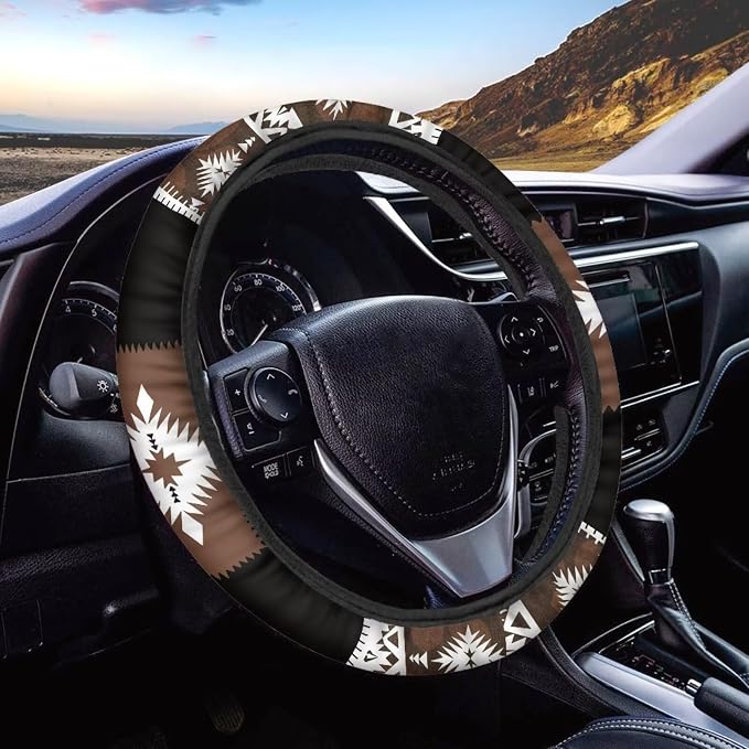 Southwest Aztec Brown Black Car Steering Wheel Cover 15 Inch Universal Breathable Soft Anti-Slip Sweat Absorbent Car Accessory Fit for Most Vehicles