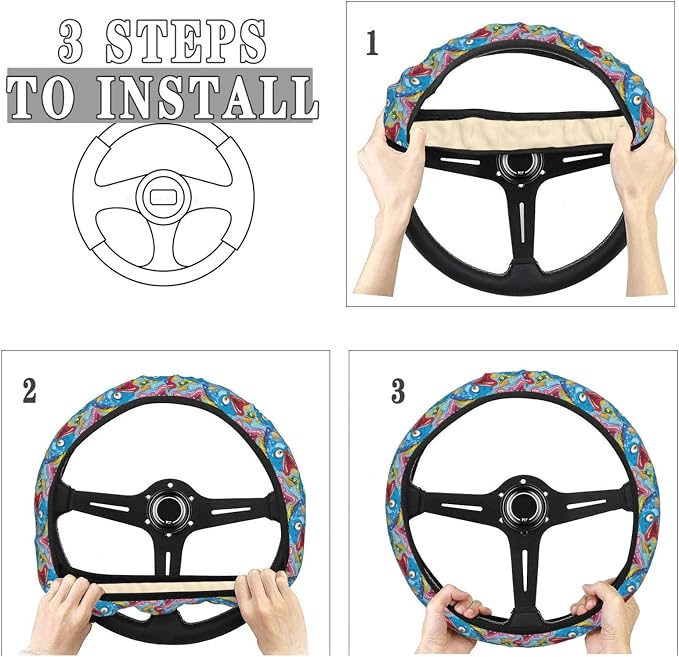 Colorful Cartoon Bass Fishes Steering Wheel Covers Anti-Slip Elasticity Car Accessories Steering Wheel Protector Universal 15 Inch for Cars SUV Vehicle Truck
