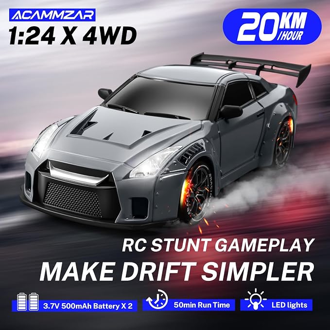 RC Drift Car, 1:24 Remote Control Car for Kids, 20KM/H 4WD High Speed RC Cars with Lights, Extra Racing Tires, Vehicle for Adults Boys Girls, Gray