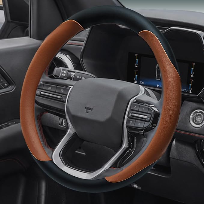 Leather Steering Wheel Cover for Chevy Silverado 1500 2500 3500, 14.5-15 inches Car Steering Wheel Cover with Non-Slip Breathable (Brown)