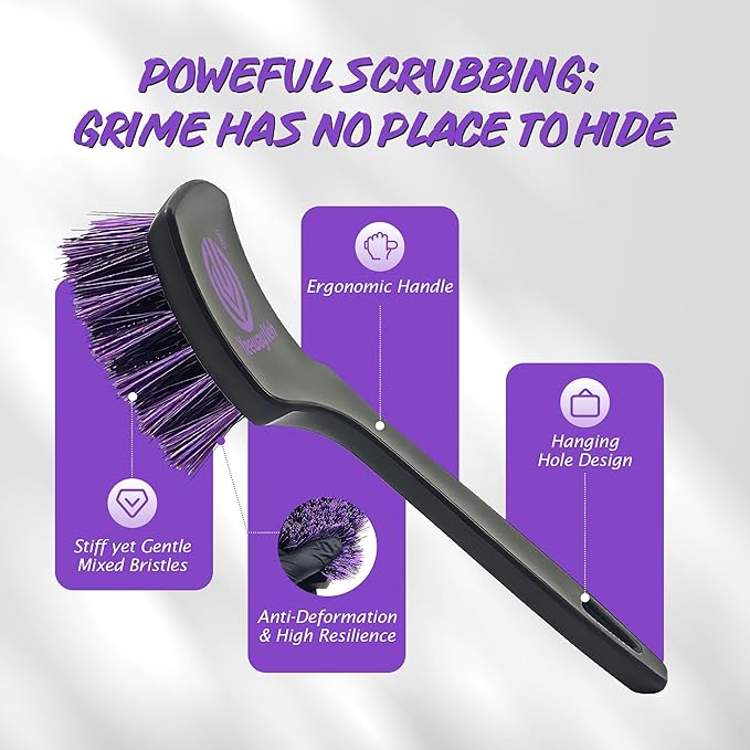 Pro Tire Cleaning Brush, Stiff Mixed Bristles Tire Cleaner, Short Handle Scrub Brush for Cleaning Sidewalls, Rubber Mats & Wheels, Anti-Deformation Tyre Detailing Tool, Purple/Black