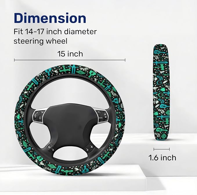 Teal Fantasy Symbol Steering Wheel Cover, Polyester Non-Slip Car Wheel Grip, Universal 15 Inch Auto Accessory