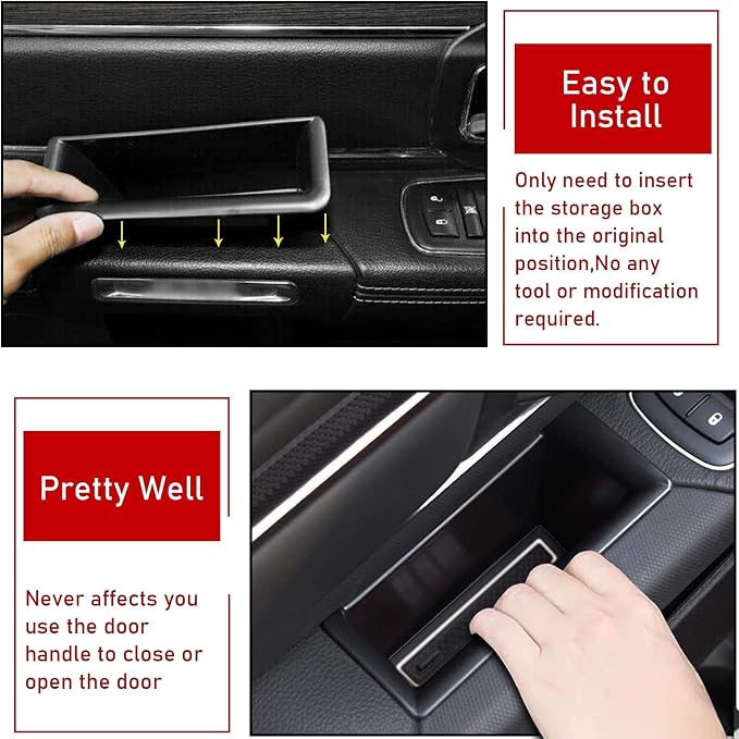 for Ram 1500 Door Side Organizer Tray 2019 2020 2021 2022 2023 2024 2025 2026, for Ram 1500 Door Pocket Insert 4 Pcs with White-Lines Mats (Does not fit 2500 3500)