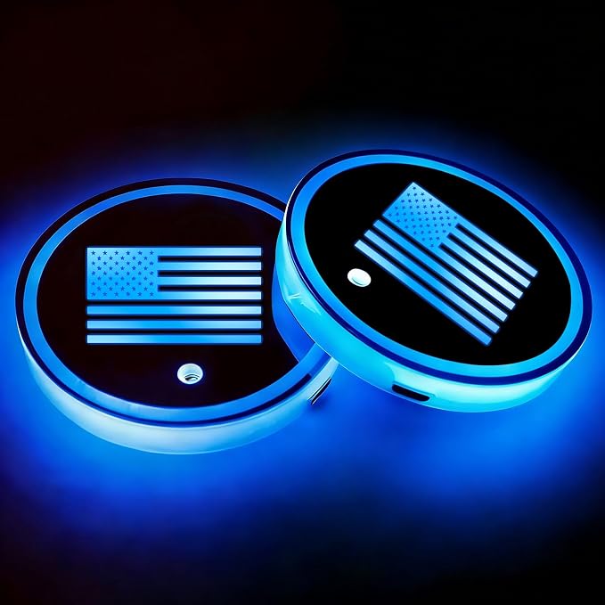 2Pcs American Flag LED Car Cup Holder Coasters 7 Colors Lights Up Cups | with USB of Car Accessories for SUV Trucks Sedans, Waterproof Interior Atmosphere Lamp, American Flag Gifts for Women Men