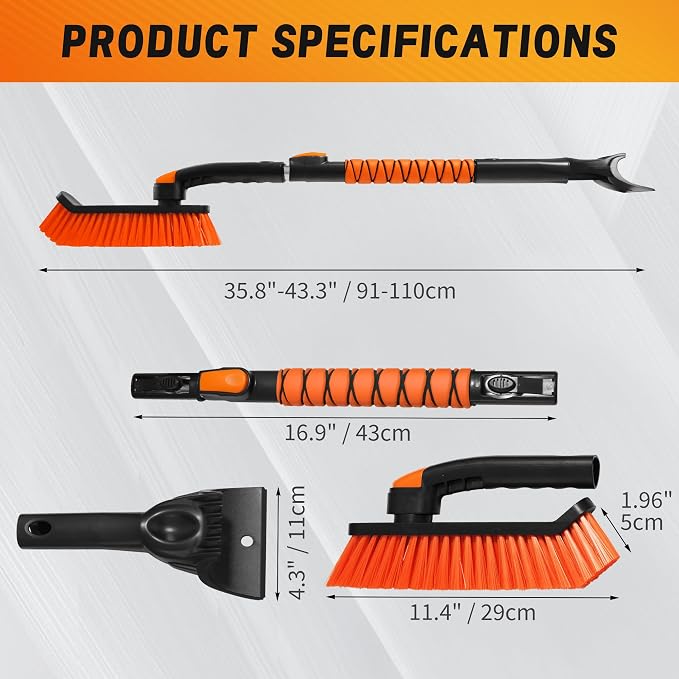 2-in-1 Upgrade 44" Extendable & Removable Snow Brush with Ice Scraper for Car Windshield, 360° Pivoting Brush Head, EVA Foam Grip for SUV, Trucks, Auto