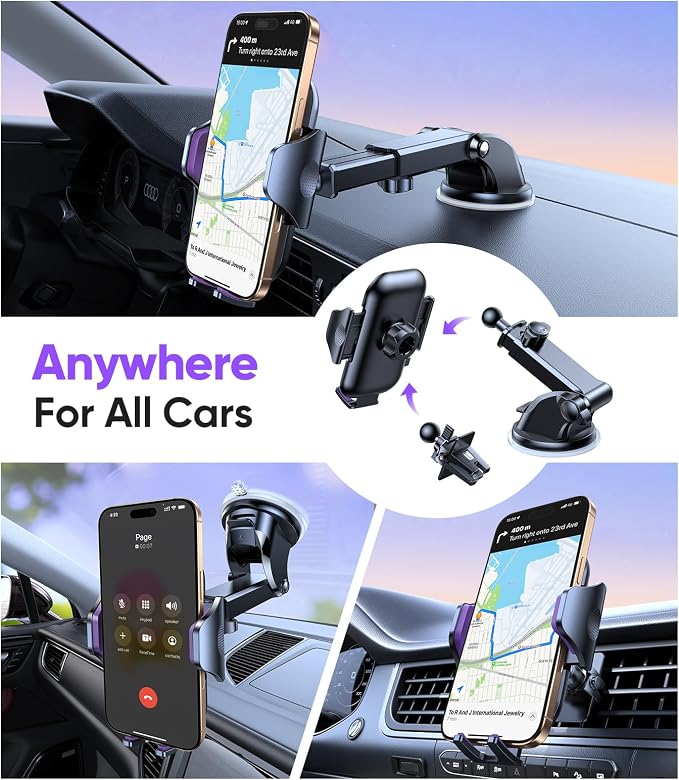 Purple Phone Holders for Your Car [Upgraded True Military-Grade Strongest Suction] Cell Phone Mount for Car Dashboard Windshield Vent Truck Boat Stand Adjustable for iPhone Android