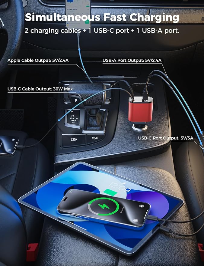 【Upgraded】 Retractable Car Charger 4 in 1, Fast Car Phone Charger with Cord 2.6ft, USB C and Apple Car Charger Adapter, Compatible with iPhone 17/16/15/15 Pro Max/14/13/12/11, Galaxy, Pixel